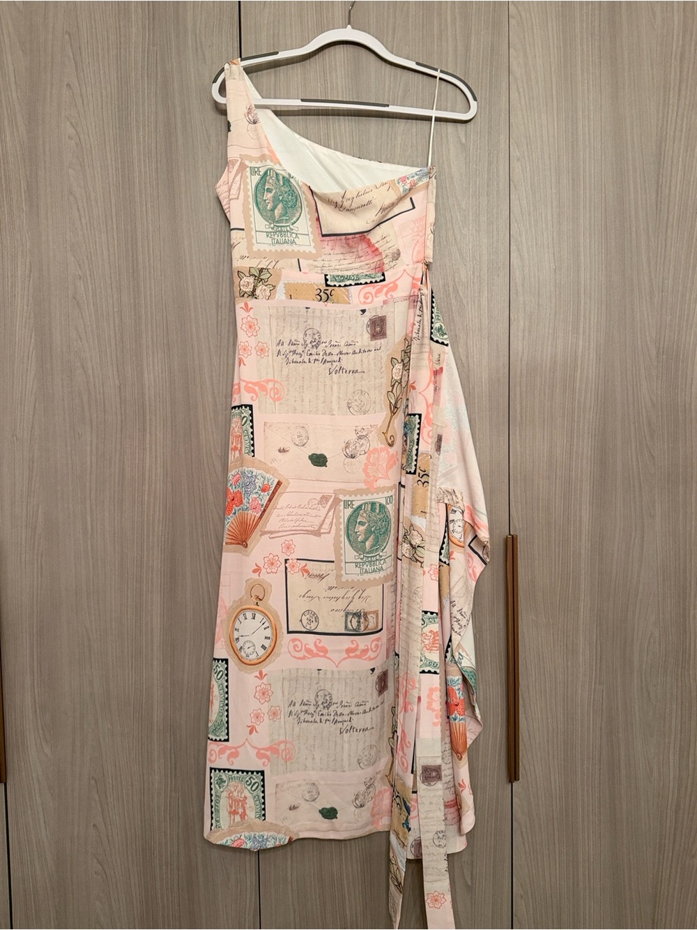 Liliana Meza One-Shoulder Midi Dress in Soft Pink with Green Accents